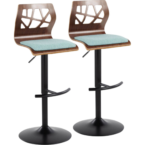 Folia Adjustable Swivel Bar Stool in Black Metal, Walnut Wood & Teal Fabric (Set of 2)